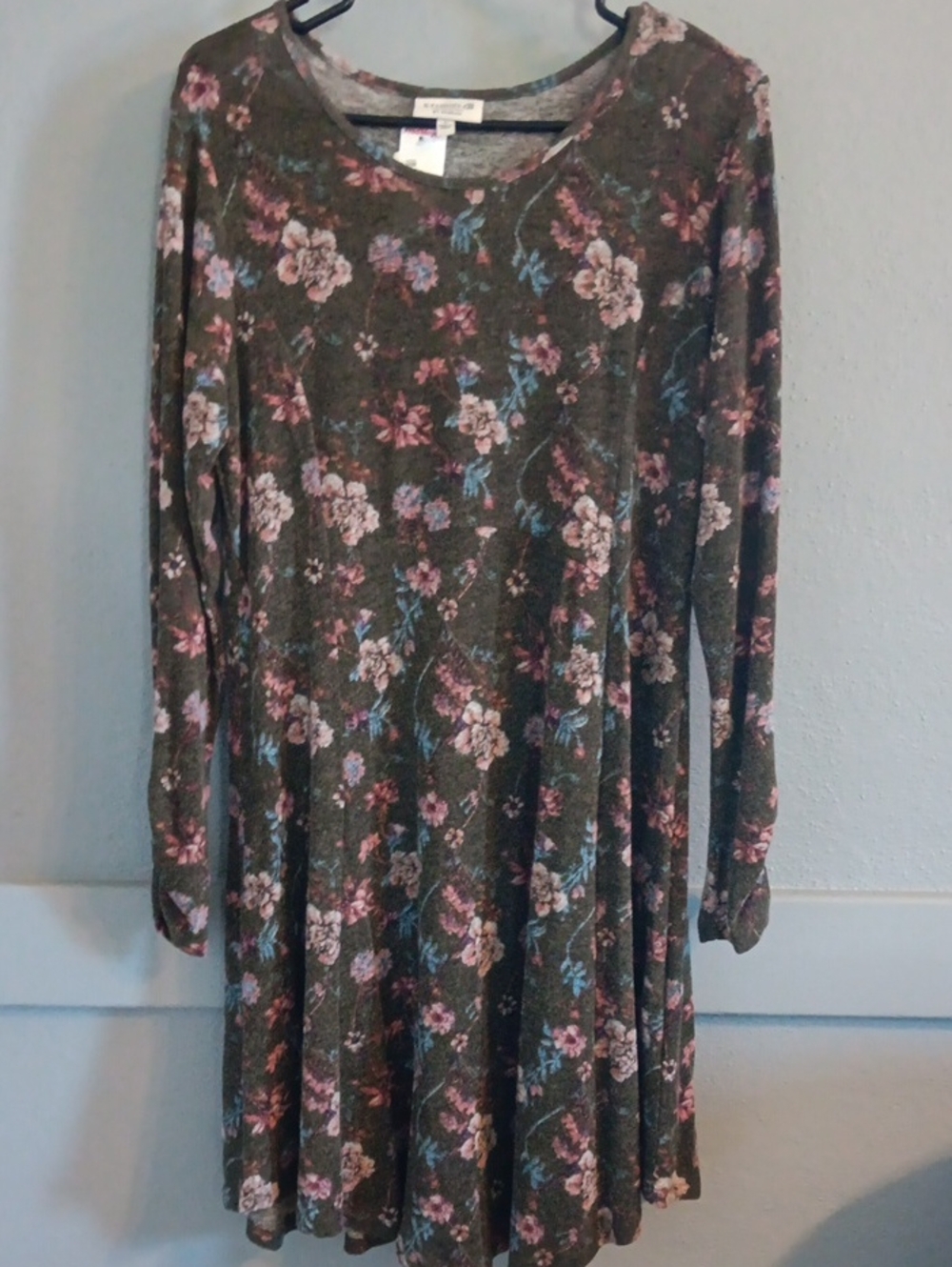 Studio Olive Floral Long-Sleeve Swing Dress with Pink & Blue Flowers